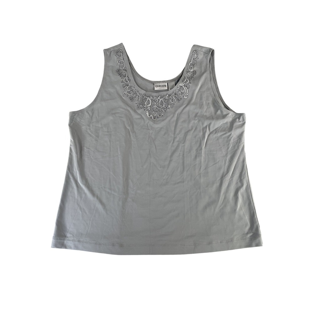Chicos Tank Top Womens Size 3 Gray Embellished Sequins Sleeveless Stretch Blouse